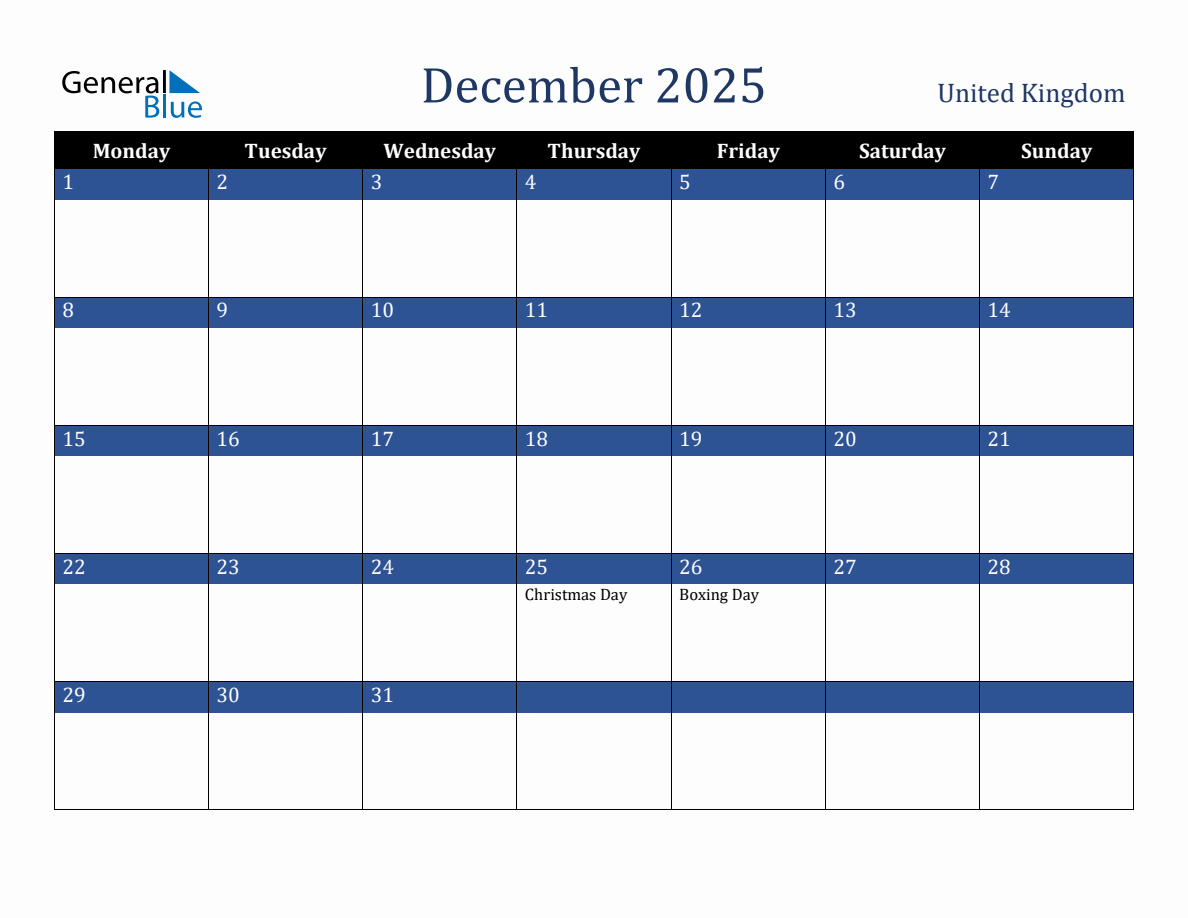 December 2025 United Kingdom Holiday Calendar