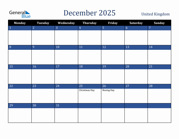 December 2025 United Kingdom Calendar (Monday Start)
