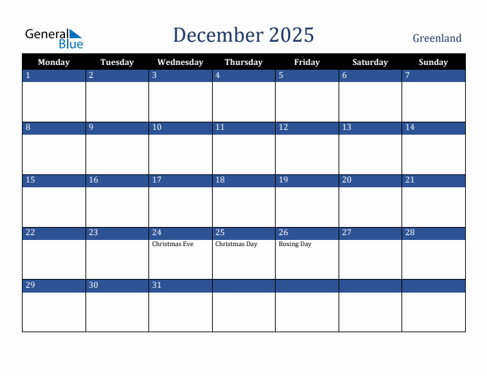 December 2025 Greenland Calendar (Monday Start)