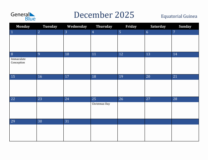December 2025 Equatorial Guinea Calendar (Monday Start)