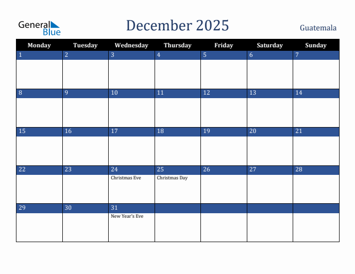 December 2025 Guatemala Calendar (Monday Start)