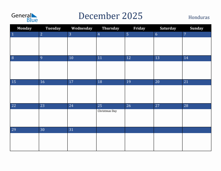 December 2025 Honduras Calendar (Monday Start)