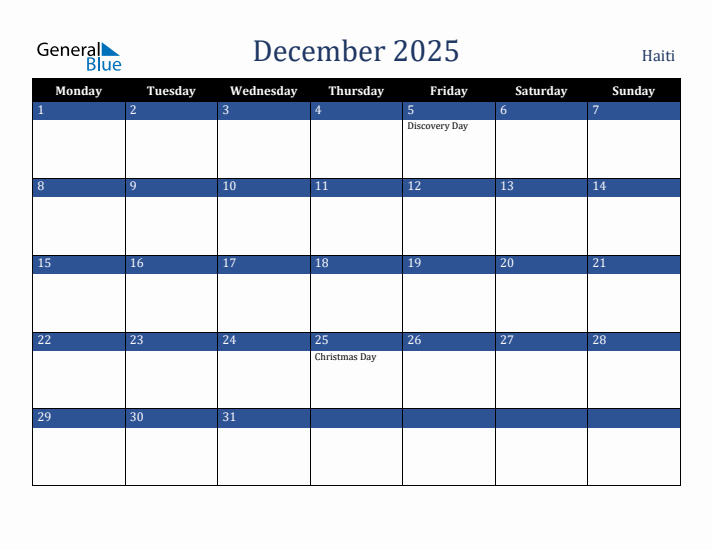 December 2025 Haiti Calendar (Monday Start)