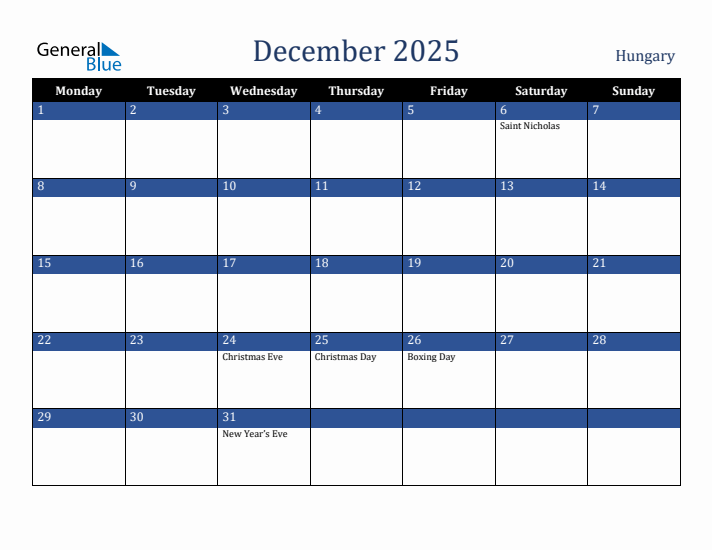 December 2025 Hungary Calendar (Monday Start)