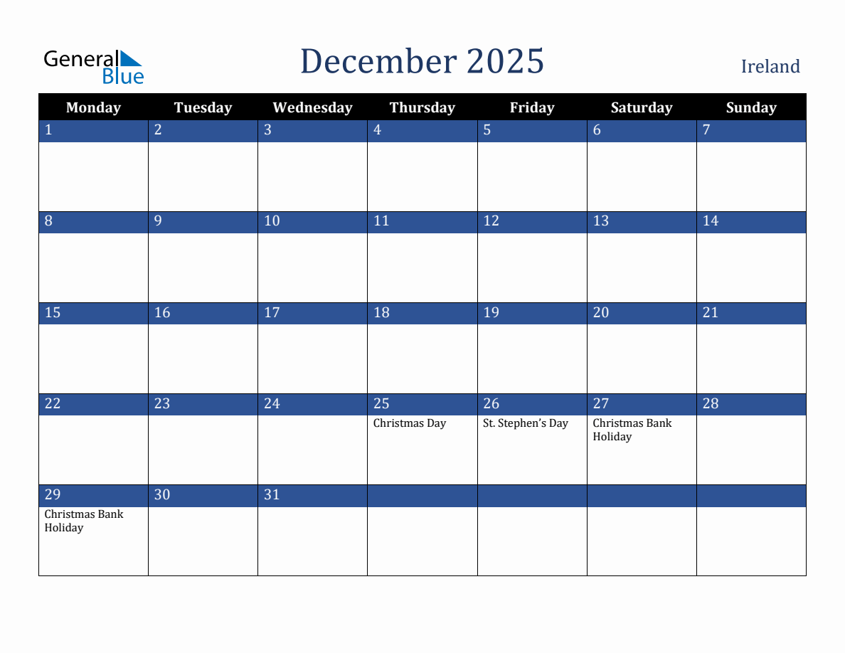 December 2025 Ireland Holiday Calendar