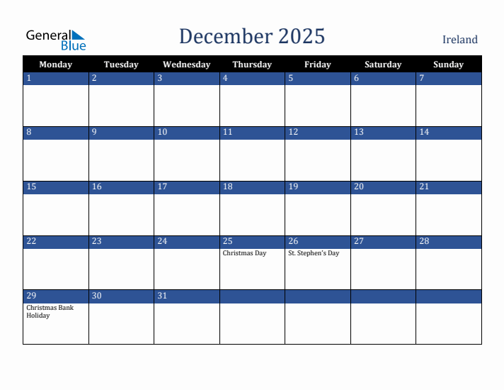 December 2025 Ireland Calendar (Monday Start)