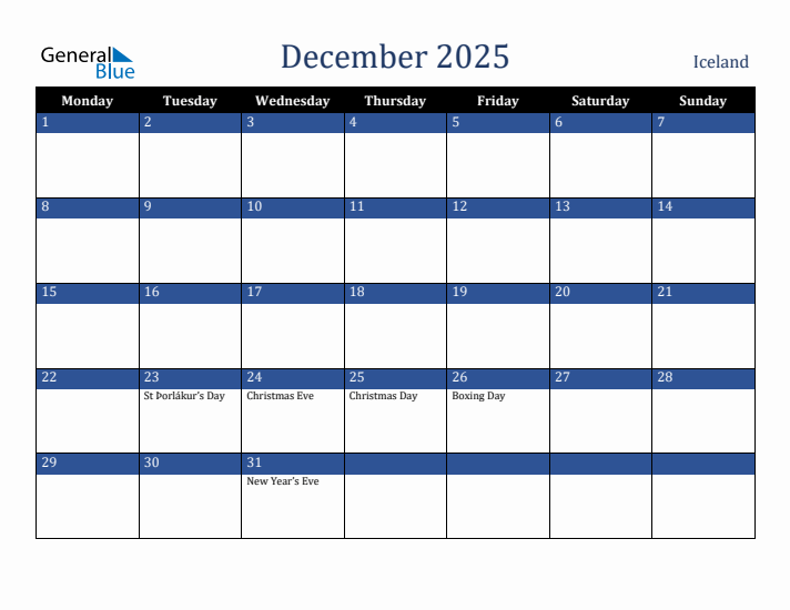 December 2025 Iceland Calendar (Monday Start)