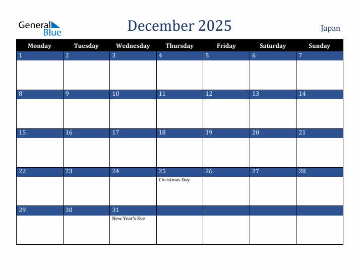 December 2025 Japan Calendar (Monday Start)