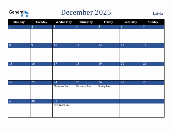 December 2025 Latvia Calendar (Monday Start)