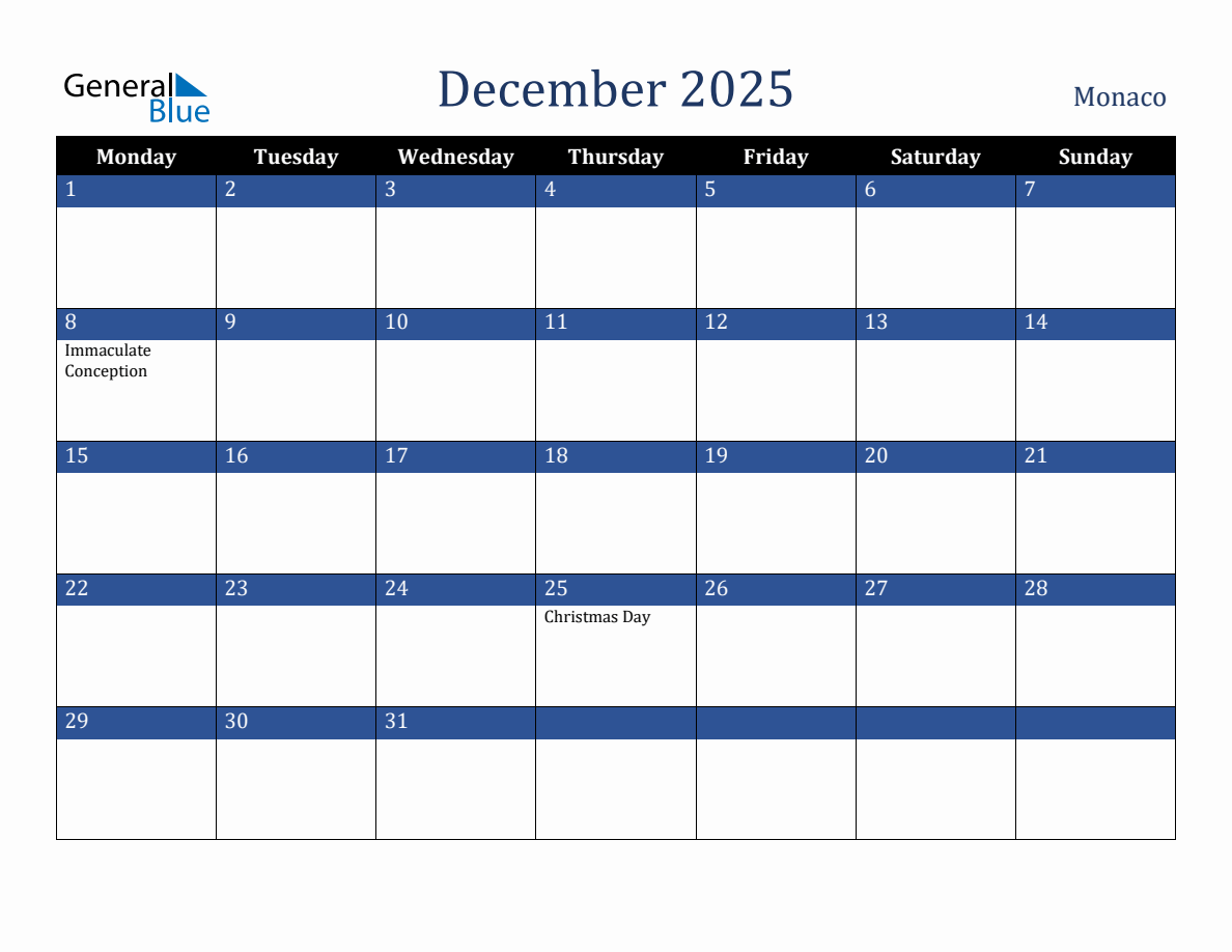 December 2025 Monaco Holiday Calendar