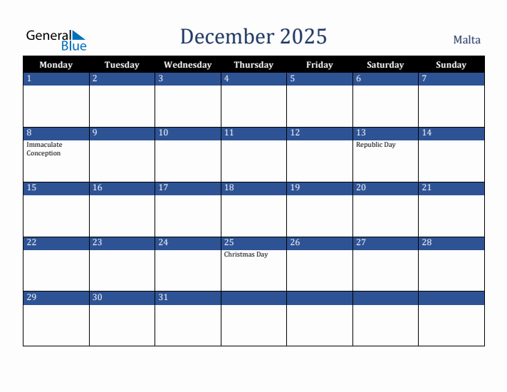 December 2025 Malta Calendar (Monday Start)