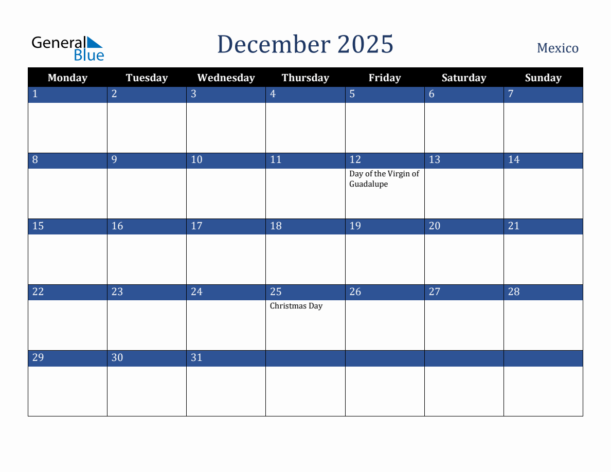 December 2025 Mexico Holiday Calendar