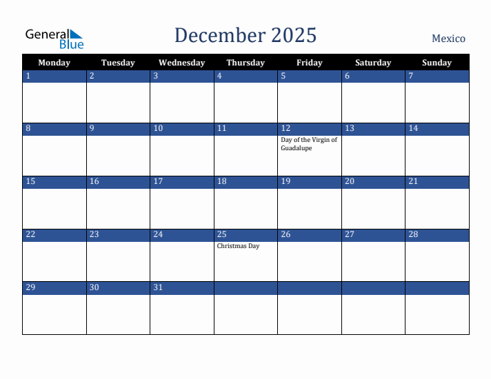 December 2025 Mexico Calendar (Monday Start)