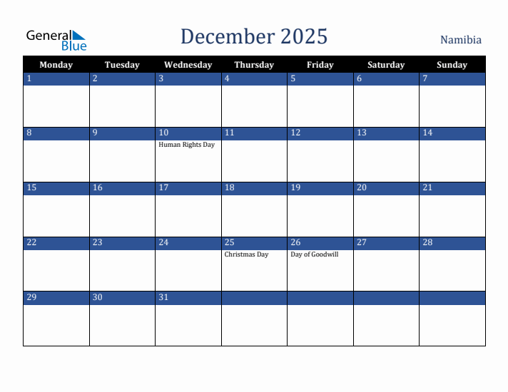 December 2025 Namibia Calendar (Monday Start)