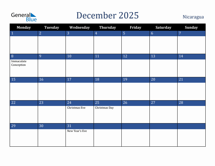 December 2025 Nicaragua Calendar (Monday Start)
