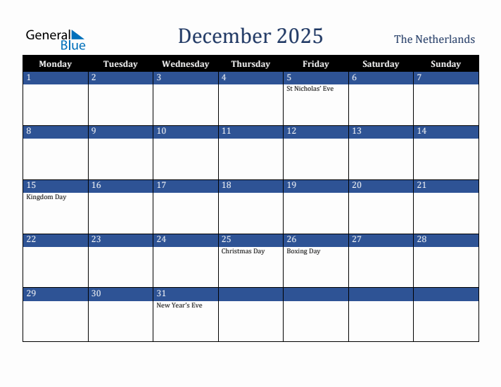 December 2025 The Netherlands Calendar (Monday Start)