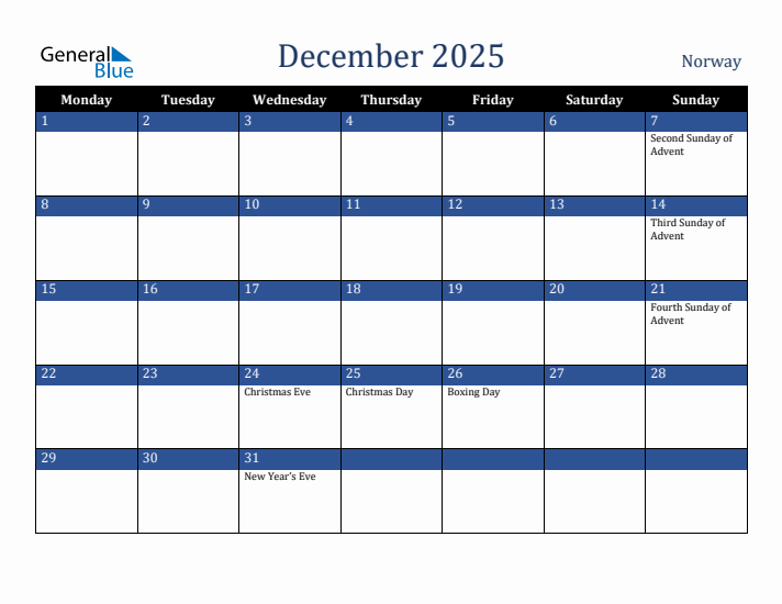 December 2025 Norway Calendar (Monday Start)
