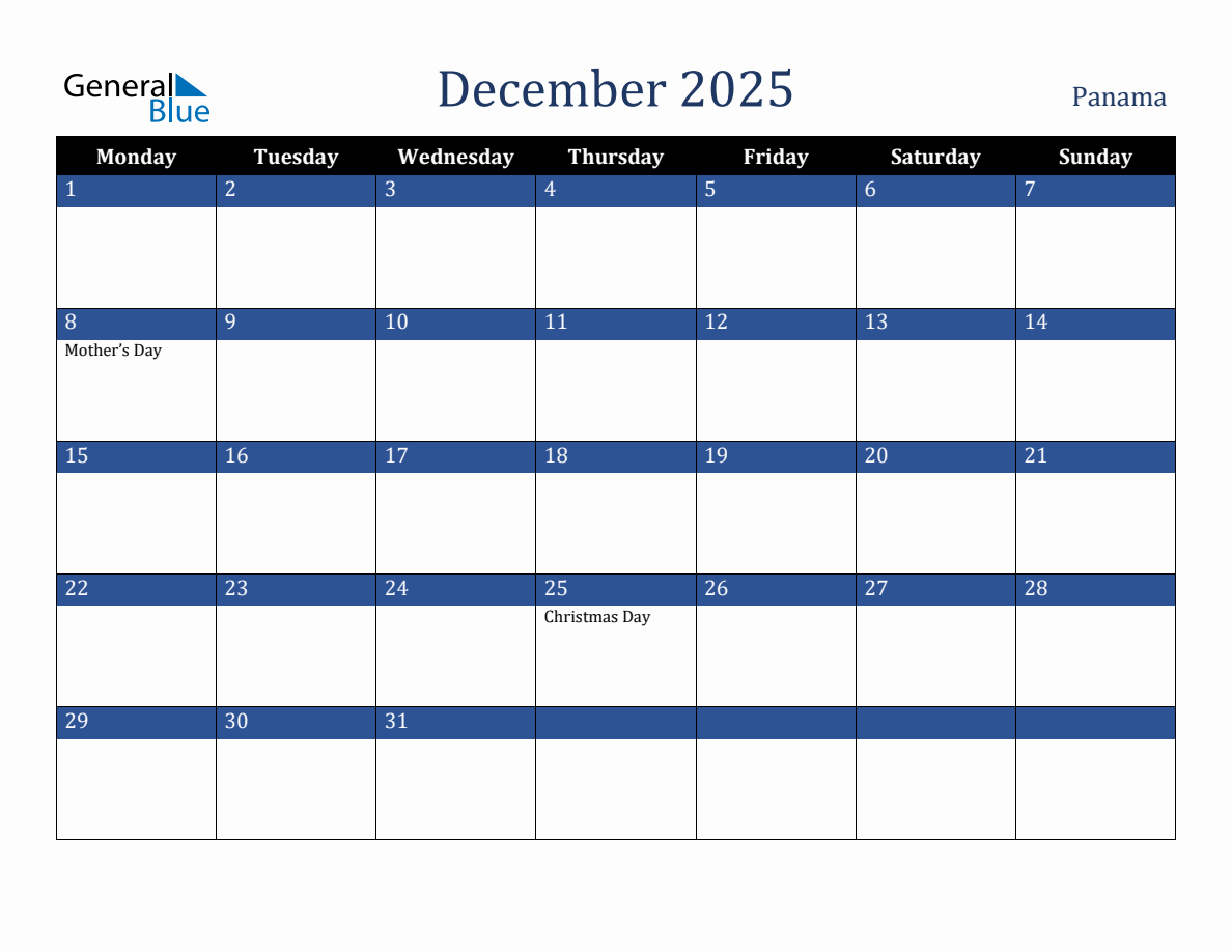 December 2025 Panama Holiday Calendar