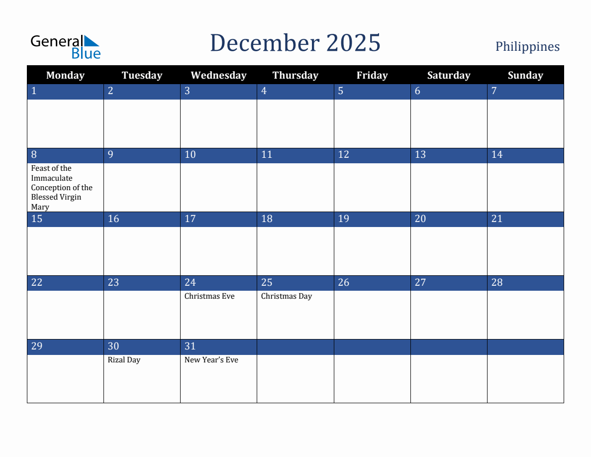 December 2025 Philippines Holiday Calendar
