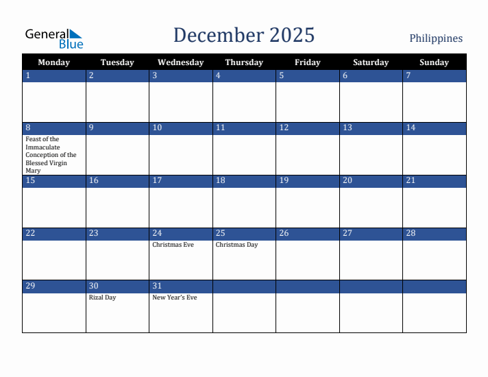December 2025 Philippines Calendar (Monday Start)