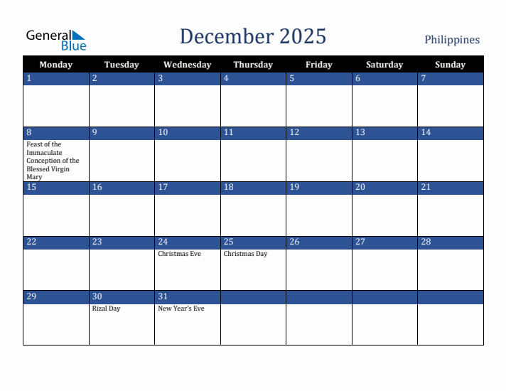 December 2025 Philippines Monthly Calendar with Holidays