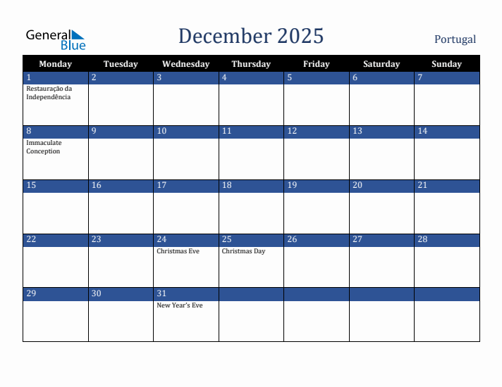 December 2025 Portugal Calendar (Monday Start)