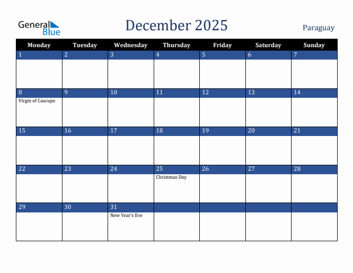 December 2025 Paraguay Calendar (Monday Start)