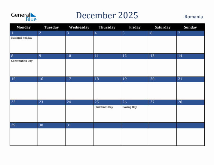 December 2025 Romania Calendar (Monday Start)
