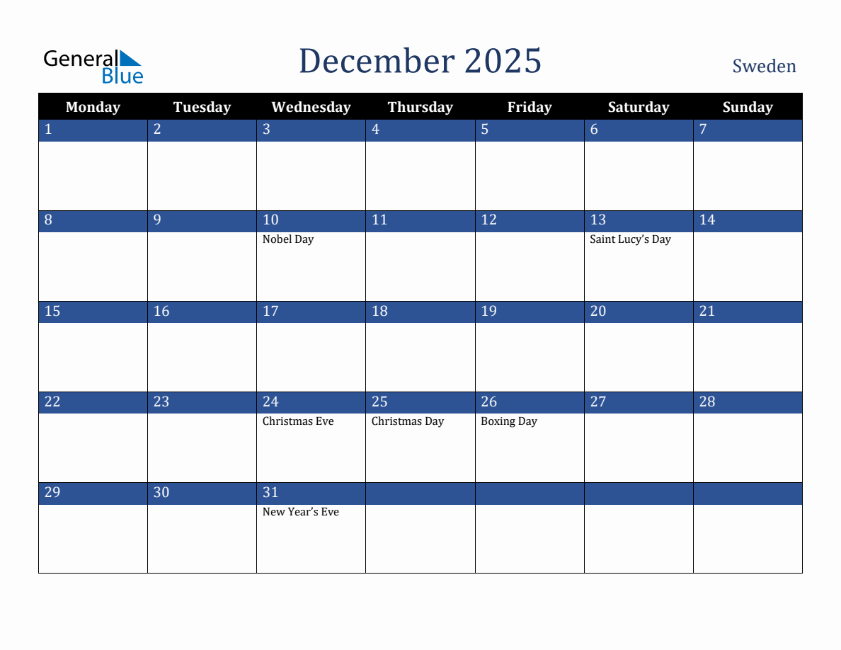 December 2025 Sweden Holiday Calendar