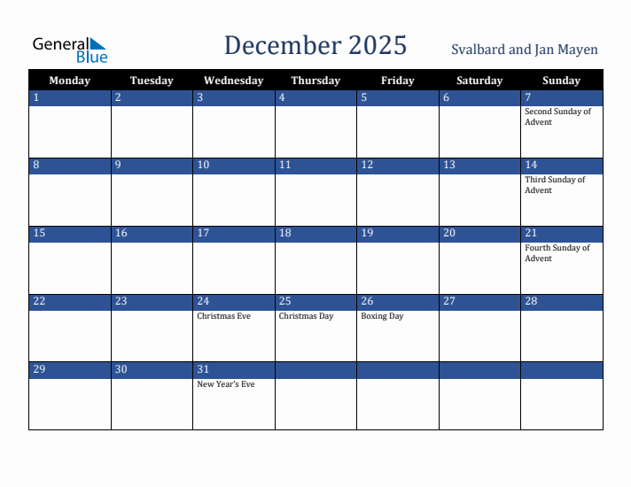 December 2025 Svalbard and Jan Mayen Calendar (Monday Start)