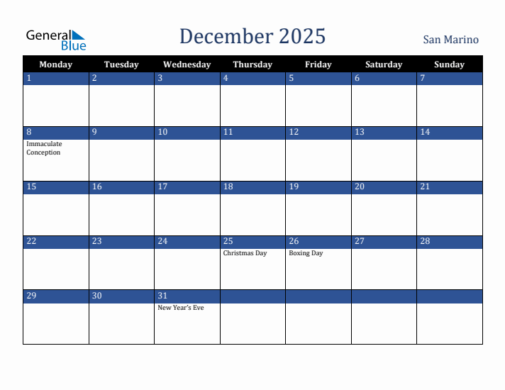 December 2025 San Marino Calendar (Monday Start)