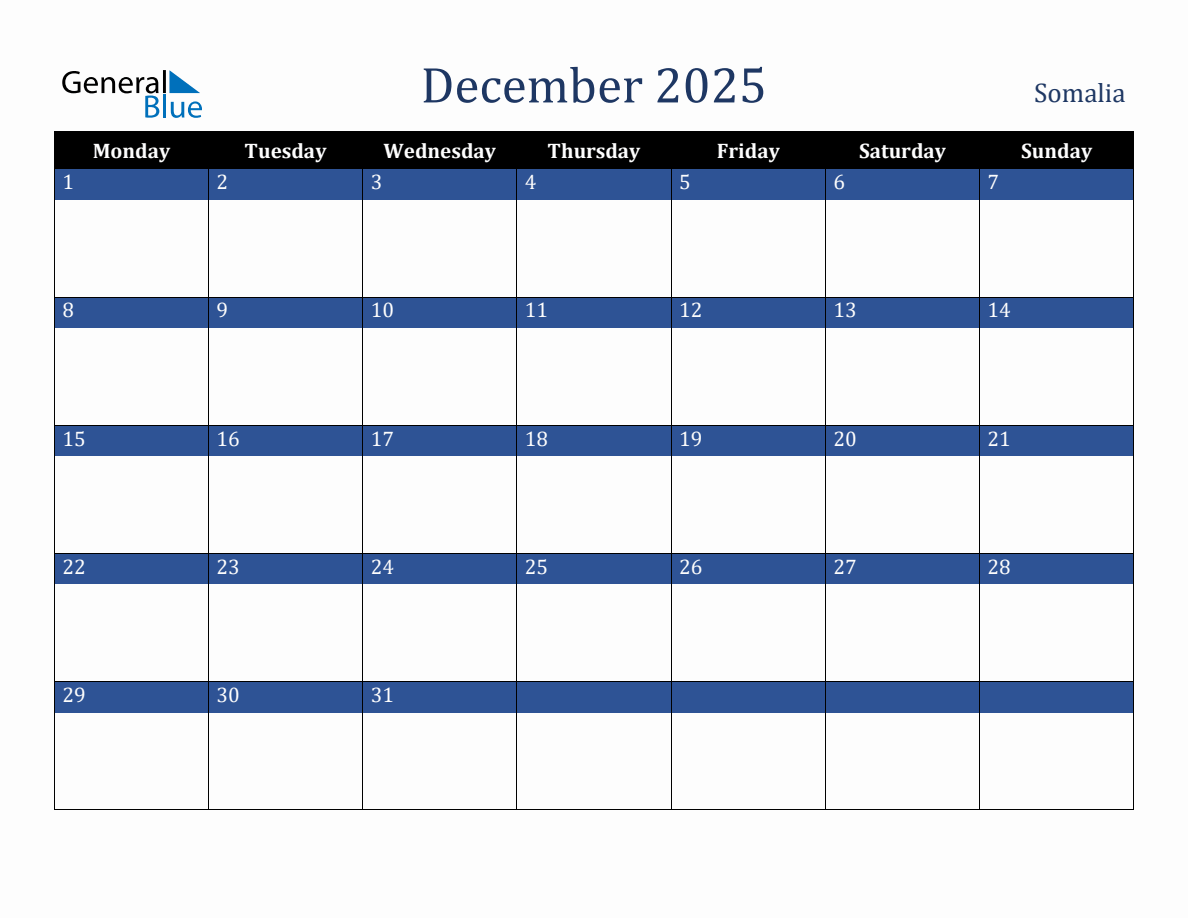 December 2025 Somalia Holiday Calendar