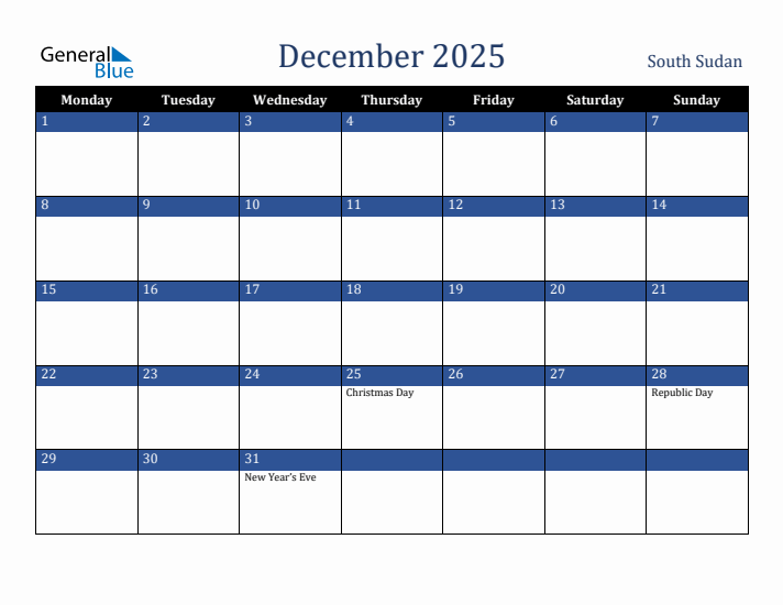 December 2025 South Sudan Calendar (Monday Start)