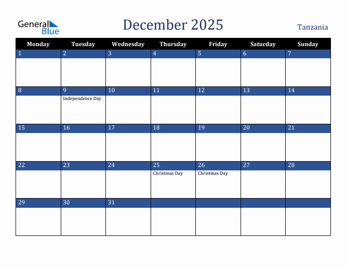 December 2025 Tanzania Calendar (Monday Start)