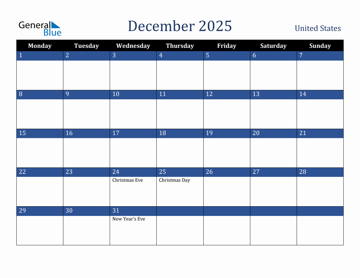 December 2025 United States Holiday Calendar