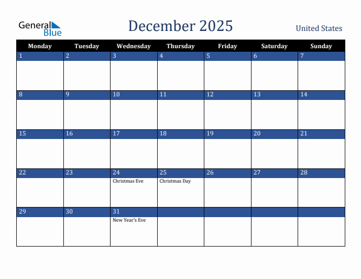December 2025 United States Calendar (Monday Start)