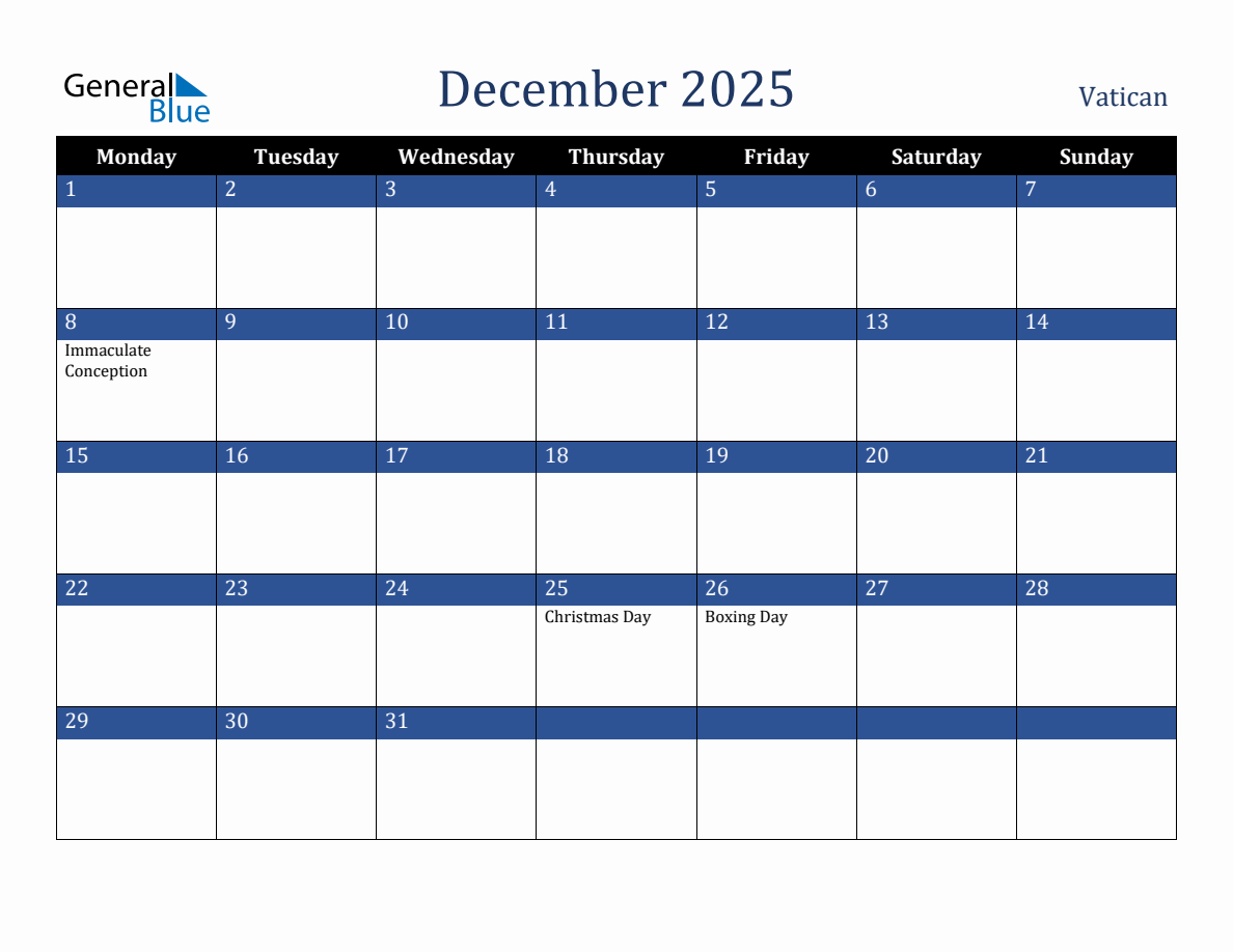 December 2025 Vatican Holiday Calendar