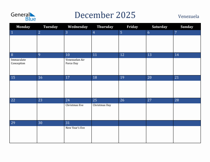 December 2025 Venezuela Calendar (Monday Start)