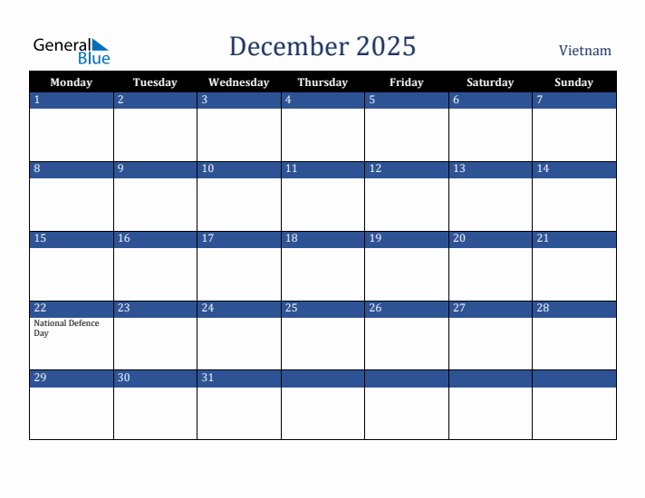 December 2025 Vietnam Calendar (Monday Start)