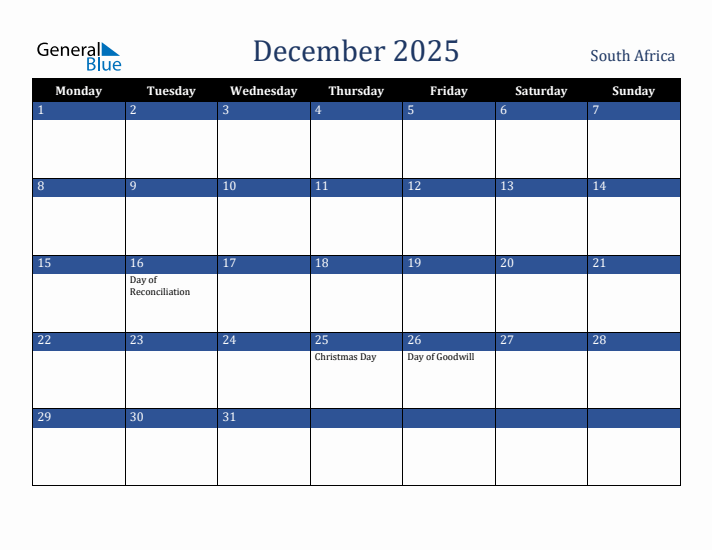 December 2025 South Africa Monthly Calendar with Holidays