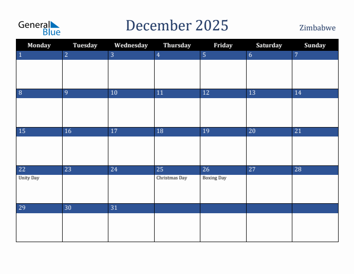 December 2025 Zimbabwe Calendar (Monday Start)