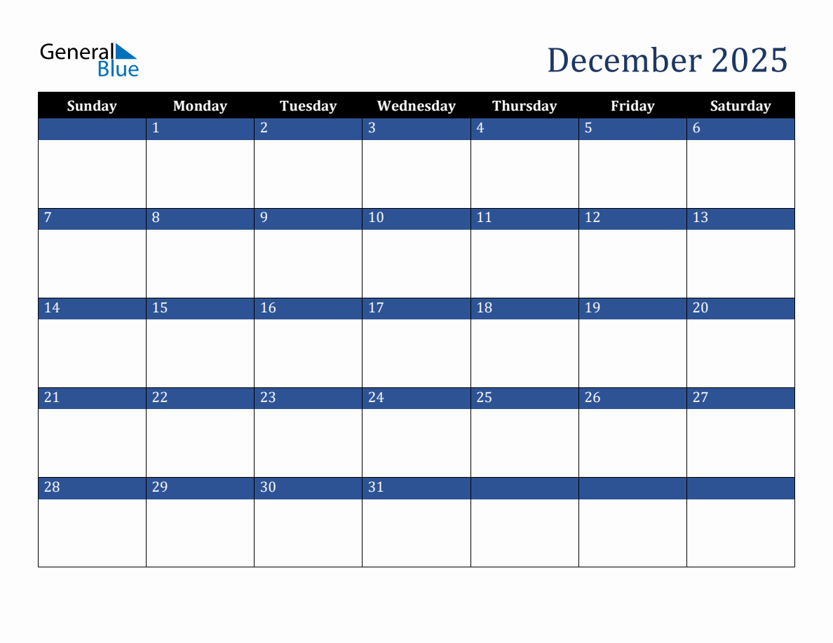 December 2025 Downloadable Sunday Start Calendar