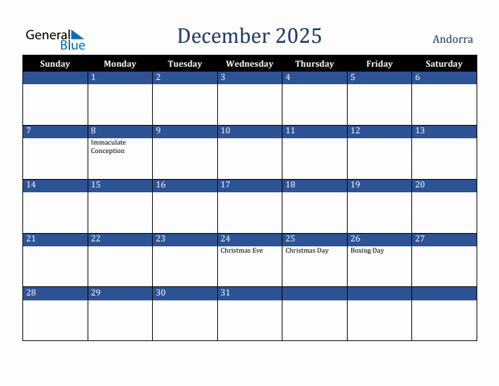 December 2025 Andorra Calendar (Sunday Start)
