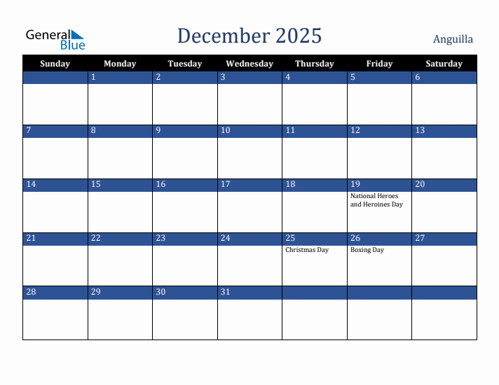 December 2025 Anguilla Calendar (Sunday Start)