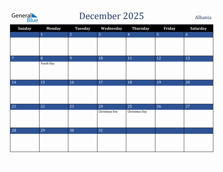 December 2025 Albania Calendar (Sunday Start)
