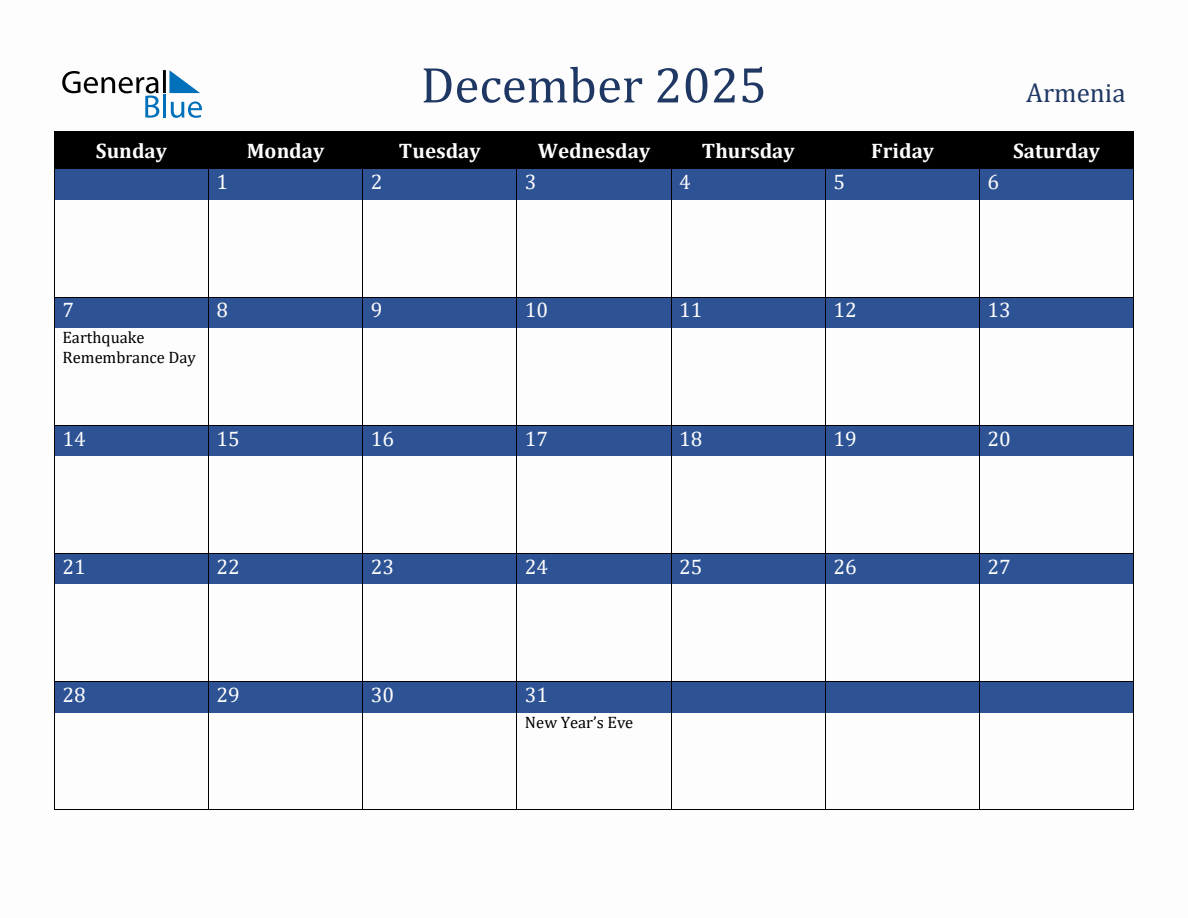 December 2025 Armenia Holiday Calendar