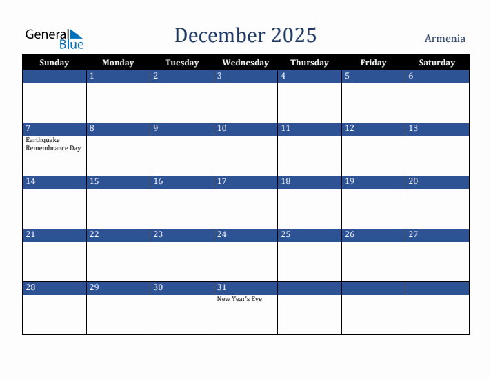 December 2025 Armenia Calendar (Sunday Start)