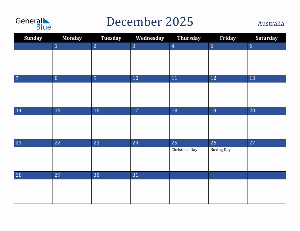 December 2025 Australia Holiday Calendar