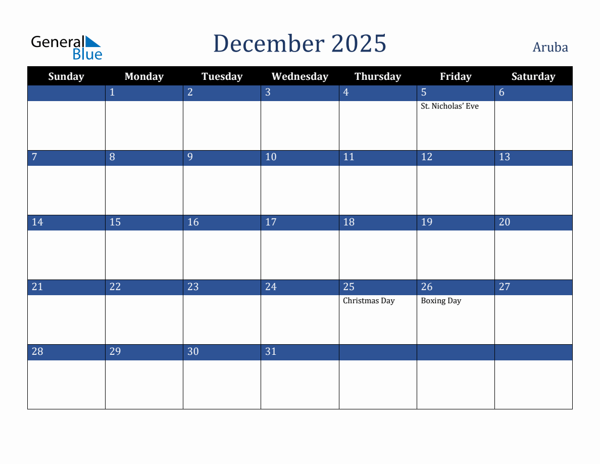 December 2025 Aruba Holiday Calendar