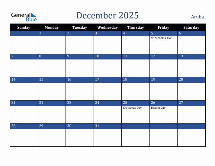 December 2025 Aruba Calendar (Sunday Start)